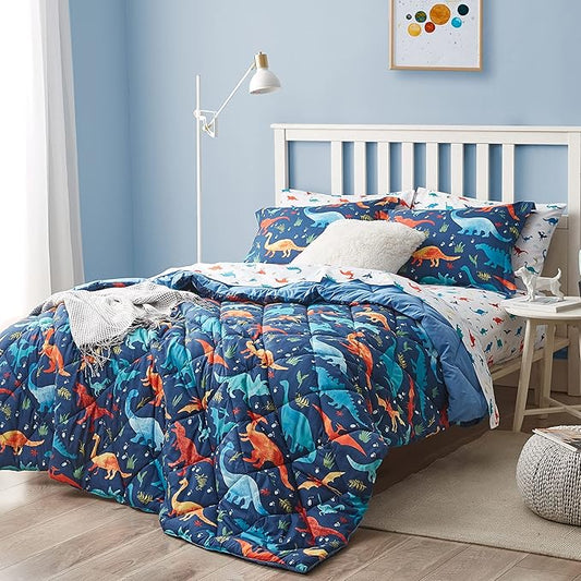 Dinosaur Kids Bedding Set for Boys, 5 Pieces Twin Size Comforter Set with Sheets, Super Soft Lightweight Bed in a Bag, Durable Children Bed Set