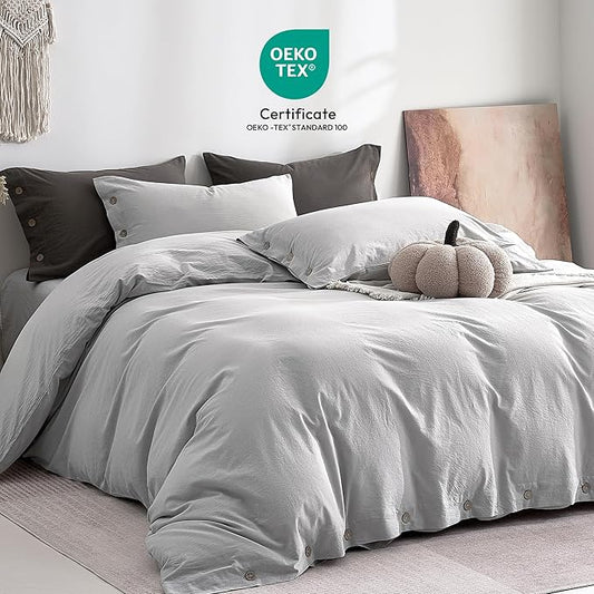 JELLYMONI 100% Washed Cotton Duvet Cover King – Soft, Breathable Linen-Look Bedding with Natural Wrinkle Texture, Button Closure, 3-Piece Set (Pale Grey, 104"x90")