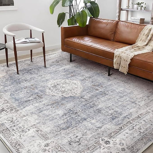 Washable Area Rug 9'x12' Retro Boho Design Non-Shedding Easy Care Ideal for High Traffic Areas in Living Room Bedroom Office Coffee Table Kitchen Large Carpet