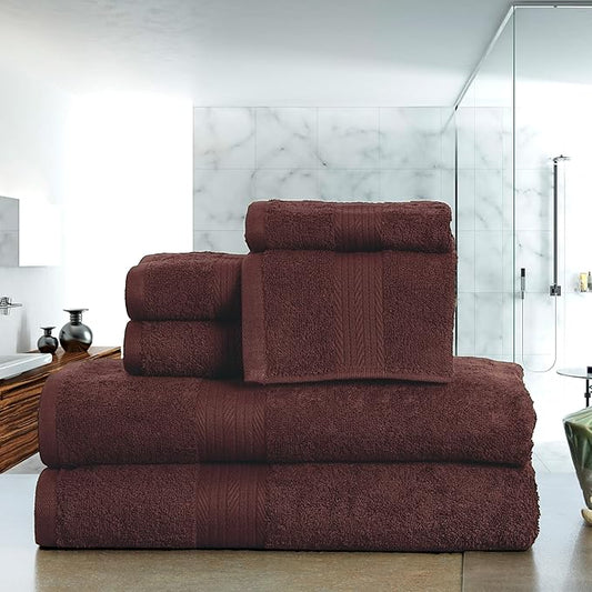 Ample Decor 100% Cotton Bathroom Towels Set of 6-2 Bath Towels, 2 Hand Towels, 2 Wash Cloths, Quick Drying - Brown Towel Sets