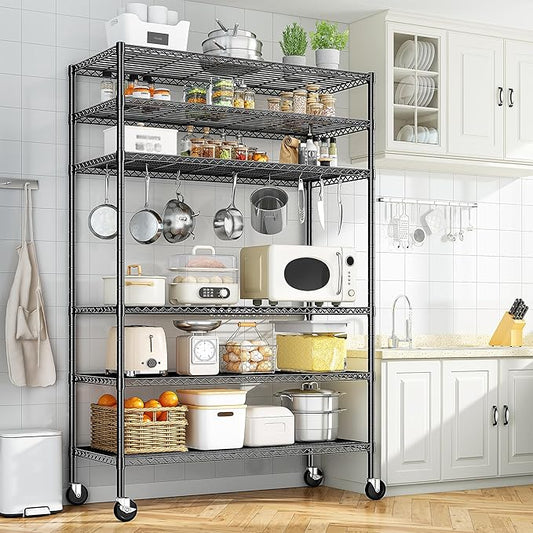 82" H X45 W X18 D Storage Shelves with Wheels, 6 Tier Wire Shelving Adjustable Metal Shelving Pantry Shelves Capacity 1200LBS for Garage Shelving, Pantry, Kitchen, Closet, Black,2P