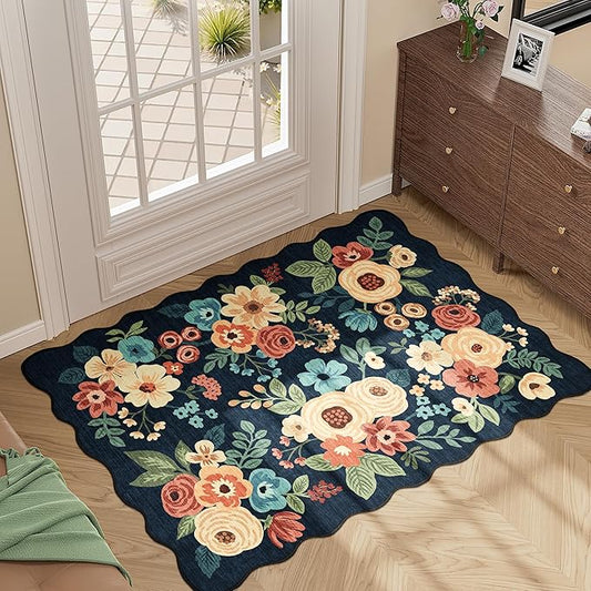 DUKINO 2x3 Entryway Rug, Floral Washable Indoor Door Mat with Non-Slip Backing, Soft Low Pile Small Front Door Throw Rugs for Entryway, Kitchen, Bedroom, Laundry, Bathroom, Navy Blue
