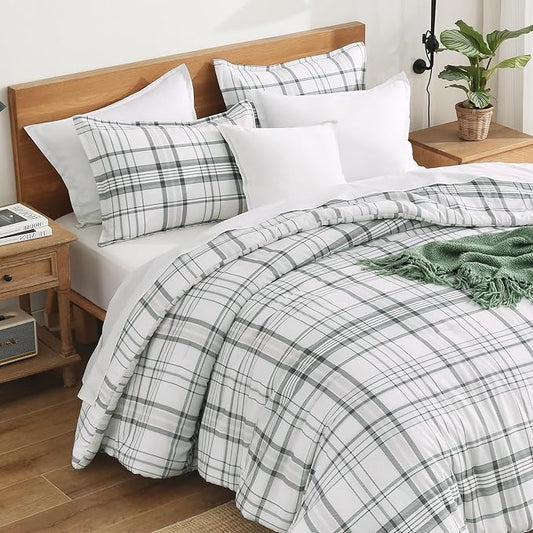 Andency Green White Plaid Comforter Set Twin(66x90 Inch), 2 Pieces Preppy Grid Gingham Stripes Bedding Comforter Sets for Boys Girls Kids, Green Line Soft Lightweight Geometric Reversible Bed Set