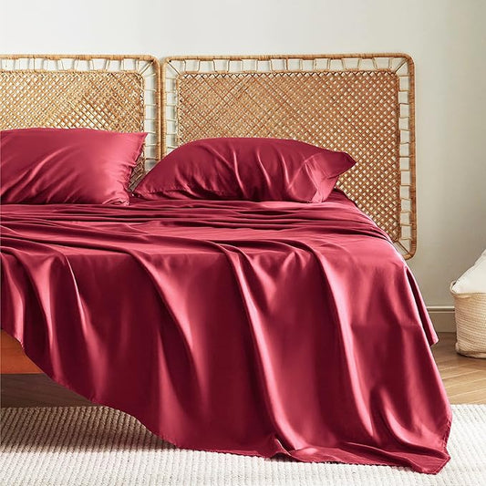 Bedsure King Size Sheets Set, Cooling Sheets for Hot Sleepers, Rayon Derived from Bamboo, Breathable & Soft, Deep Pocket Up to 16 Inches, Hotel Luxury Silky Bedding, Burgundy