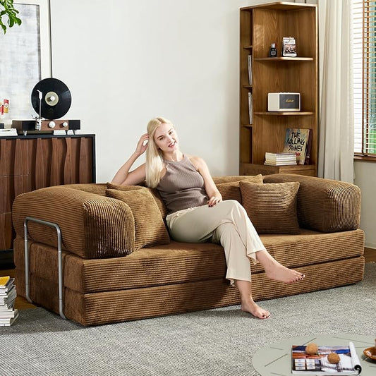 78 Inch Convertible Sofa Bed, Corduroy Boneless Couch with Fixed Frame and 4 Pillows, Modular Sectional Couch for Living Room Bedroom Studio Floor Bed Loveseat Sofa (Brown)