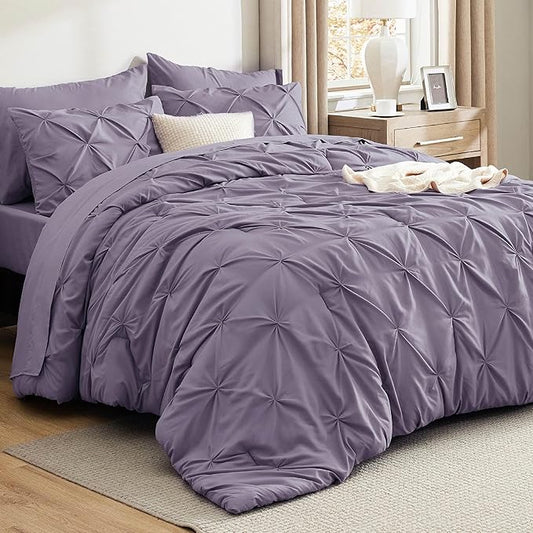 Bedsure Full Comforter Set Grayish Purple - Bed in a Bag Full Size Bedding Set 7 Pieces, GentleSoft™ Pintuck Bed Set Gift for Family, Pinch Pleat All Season Comforter with Sheets, Pillowcases & Shams