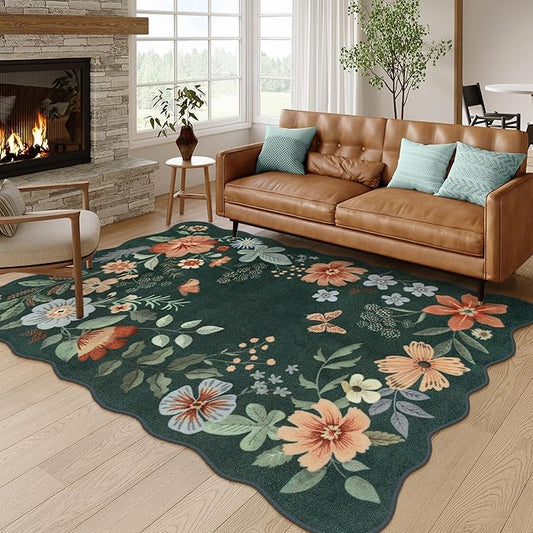 Lahome Floral Washable Living Room Rugs, 5x7 Green Area Rugs for Bedroom Nursery, Ultra-Thin Soft Non-Slip Stain Resistant Boho Throw Carpet for Dining Room Office, Dark Green
