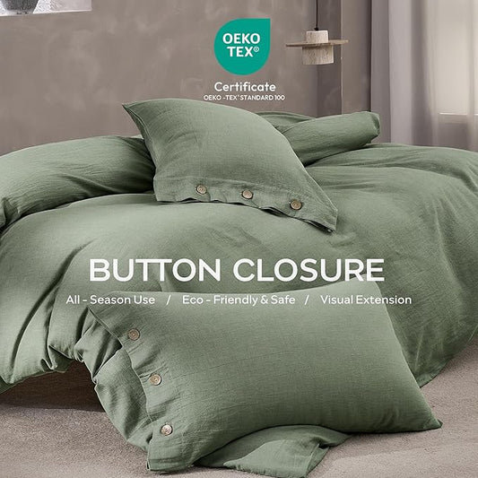 JELLYMONI 100% Washed Cotton King Pillowcases Set, 2 Pack Linen-Like Texture Breathable Pillow Covers with Button Closure,Pillows are not Included (King 20"×36", Sage Green)