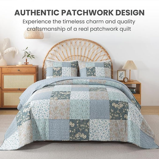 SLPR Wildflowers Cotton Quilt Set - Twin Size with 1 Sham, Blue Gray Floral Pieced Patchwork Design, Country Quilted Bedspread with Flower Pattern, Cottage Style Bedding for All Seasons