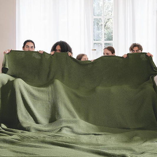 Bedsure Gentlesoft 100% Cotton Large Blanket Oversized King for Bed - Breathable Thick Waffle Weave Blanket for Summer, Couch Cover, Olive Green, 120x94 inches