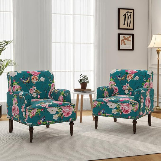 Accent Chair, Mid Century Modern Comfy Armchair for Living Room, Linen Fabric Single Sofa Lounge for Reading Bedroom Apartment Waiting Room with Wood Legs (Floral, Set of 2)