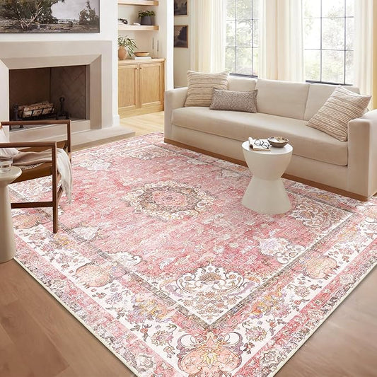 5'x7' Area Rugs Washable,Pink Rug for Living Room Bedroom,Large Boho Vintage Bohemian Distressed Oriental Carpet Non Slip,Blush Floral Flowers