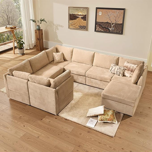 Large 8 Seat Modular Sectional Sofa with Ottoman Seat Corduroy Sleeper Sectional Sofa Bed Oversized Convertible Modular Couch for Living Room