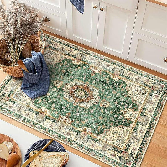 Small Rugs 2'x3',Green Rug for Entryway Bathroom Kitchen Entrance Doormat,Boho Vintage Bohemian Distressed Washable Accent Indoor Mat Floor Throw Carpet Non Slip,Retro Sage Floral