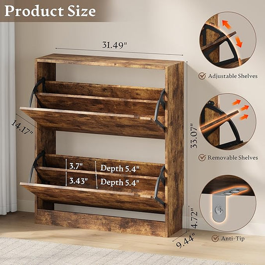 Shoe Cabinet with 2 Flip Drawers, Slim Narrow Shoe Storage Cabinet, Freestanding Shoe Organizer with Adjustable & Removable Shelves, Top Display Shelf for Entryway, Hallway, Foyer, Closet
