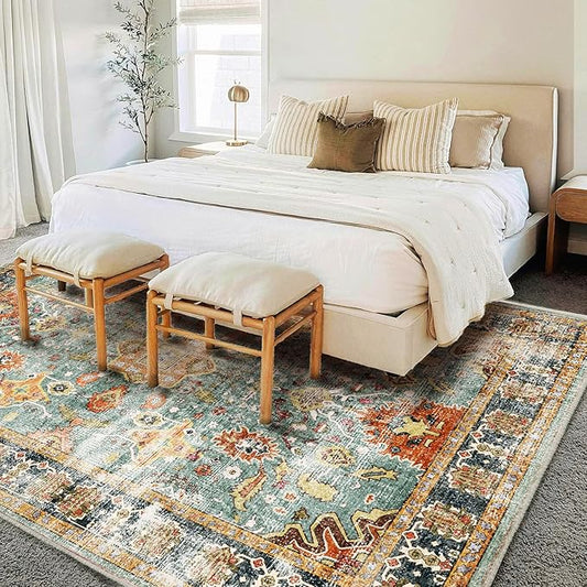 Area Rug 6'x9' Washable Vintage Traditional Distressed Thin Retro Kitchen Indoor Floor Cover Non Slip Carpet Floral Print Mat for Living Room Bedroom Dining Room