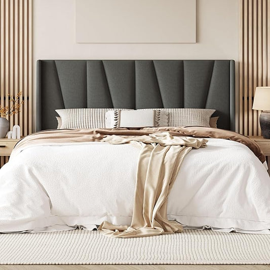 Allewie King Size Platform Bed Frame with Geometric Wingback Headboard, Boho Upholstered Bed with Wooden Slats Support, No Box Spring Needed, Easy Assembly, Dark Grey