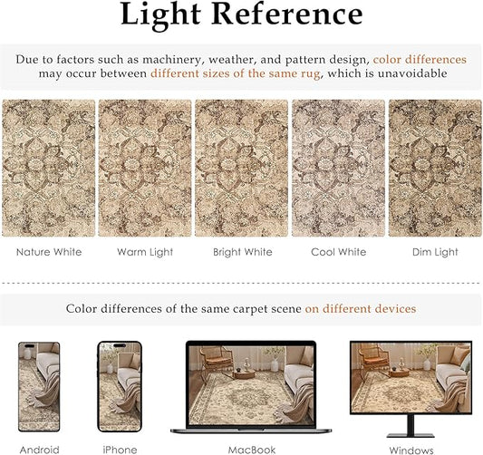 Brown Area Rug 9x12 Washable Vintage Carpet for Living Room Bedroom Large Soft Retro Low Pile Thin Indoor Rug Non Slip Oriental Medallion Floor Cover for Dining Room Office