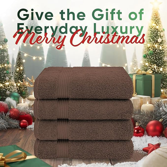 American Veteran Towel, 100% Cotton Turkish Bath Towels for Bathroom 4 Pack, 27x54 Extra Large Premium Soft Drying Bathroom Towels, Brown
