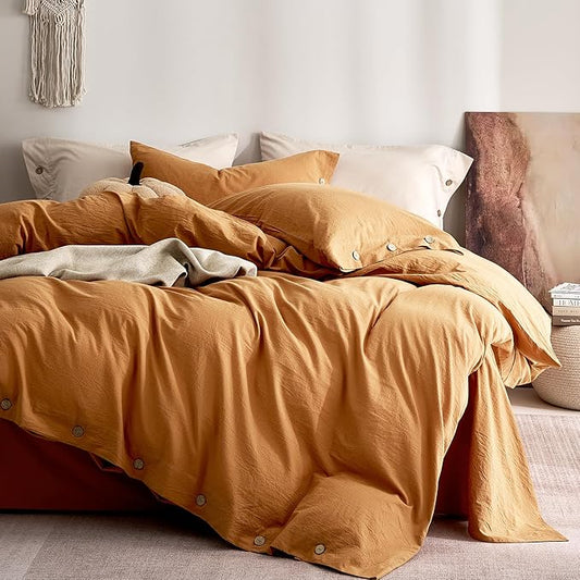JELLYMONI 100% Washed Cotton Duvet Cover King – Soft, Breathable Linen-Look Bedding with Natural Wrinkle Texture, Button Closure, 3-Piece Set (Amber Orange, 104"x90")