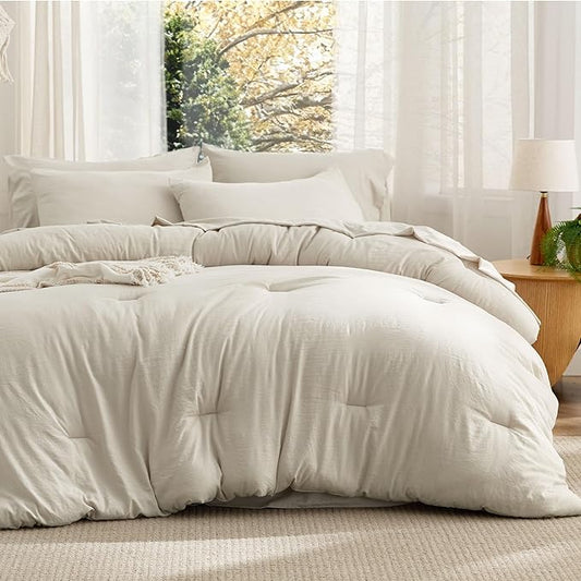Bedsure Full Size Comforter Set, Beige Soft Prewashed Bedding for All Seasons, 7 Pieces Warm Winter Down Alternative Bed Set, Fluffy Bed in a Bag with Sheets, Pillowcases & Shams