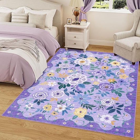 DUKINO 6x9 Area Rug, Floral Rugs for Living Room, Lightweight Non Slip Washable Rug, Indoor Low Pile & Non-Shedding Boho Design Rugs for Bedroom, Living Room, Dining Room, Purple
