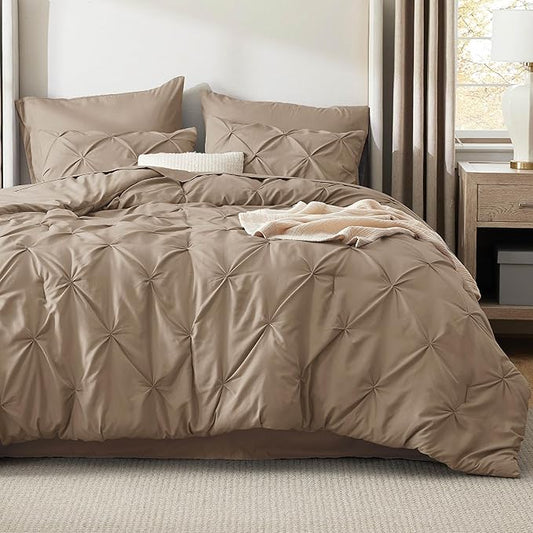 Bedsure Queen Comforter Set Khaki - Bed in a Bag Queen Size Bedding 7 Pieces, GentleSoft™ Pintuck Bed Set Gift for Family, Pinch Pleat All Season Comforter with Sheets, Pillowcases & Shams