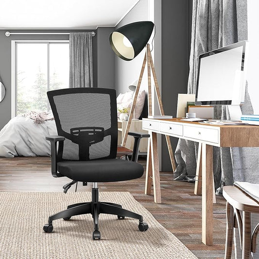 ALPHA HOME Office Chair Ergonomic, Mid Back Mesh Computer Chair with Lumbar Support Executive Stool with Adjustable Armrest & Seat Cushion, BIFMA & SGS Certified