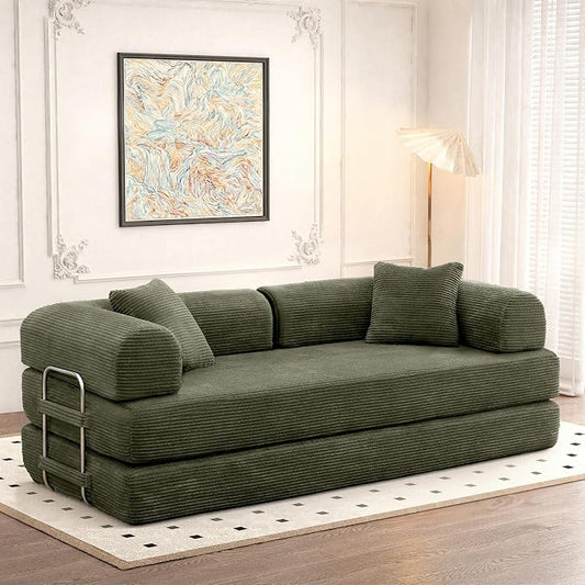 Convertible Sleeper Sofa Bed, Corduroy Floor Couch with Fixed-Shape Frame, Comfy Modular Floor Sofa with Pull Out Bed, Loveseat Sleeper Boneless Couch for Living Room, Green