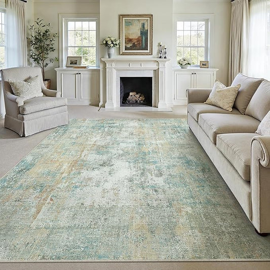 10x14 Area Rug Teal Beige Abstract Living Room Bedroom Washable Carpet Neutral Modern Non-Slip Soft Low Pile Lightweight Vacuumable Large Throw Rug for Dining Room