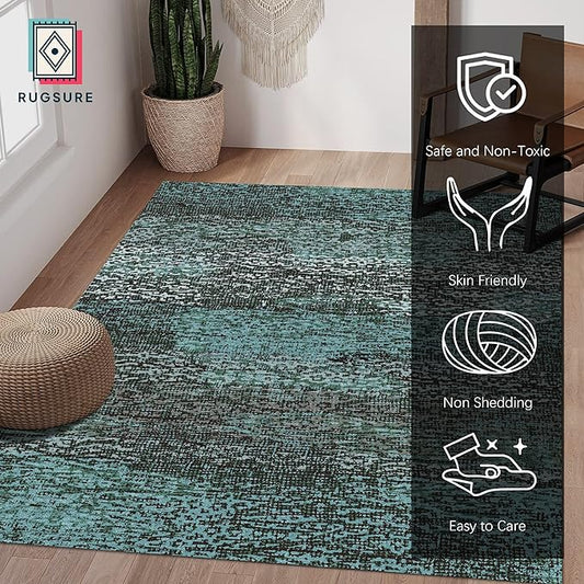 RUGSURE Washable Area Rug - 1/6 Thick - Stain & Water Resistant Non-Slip - Resistant Rug for Living Room, Bedroom, Nursery, Pet & Child Friendly, Vintage Charm Area Rugs (Green, 9' x 12')