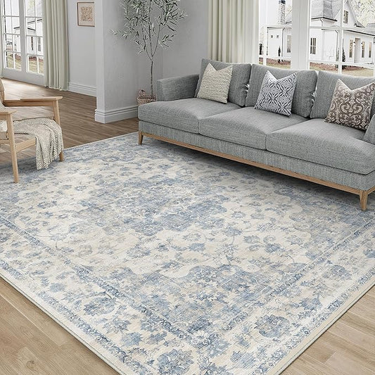 5x7 Washable Neutral Area Rug Blue Vintage Living Room Bedroom Carpet Non-Slip Soft Low Pile Floral Indoor Throw Rug for Dining Room Entryway Office
