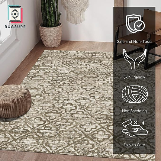 RUGSURE Washable Area Rugs, 5' x 7' - 1/6 Thick - Stain & Water Resistant Non-Slip - Perfect Resistant Rug for Living Room, Bedroom, Nursery, Pet & Child Friendly, Vibrant Colors Rugs, Brown