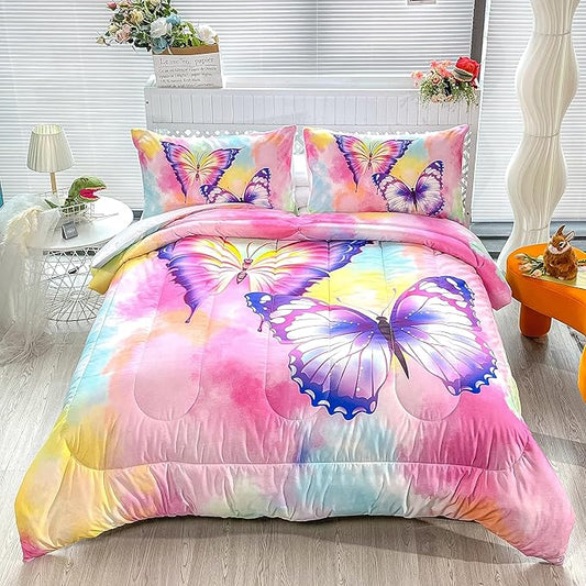 CVHOUSE Butterfly Bedding Set,Butterfly Comforter King,Butterfly Comforter Set for Girls Kids Teens,Butterflies Quilt Set with 1 Comforter and 2 Pillow Cases