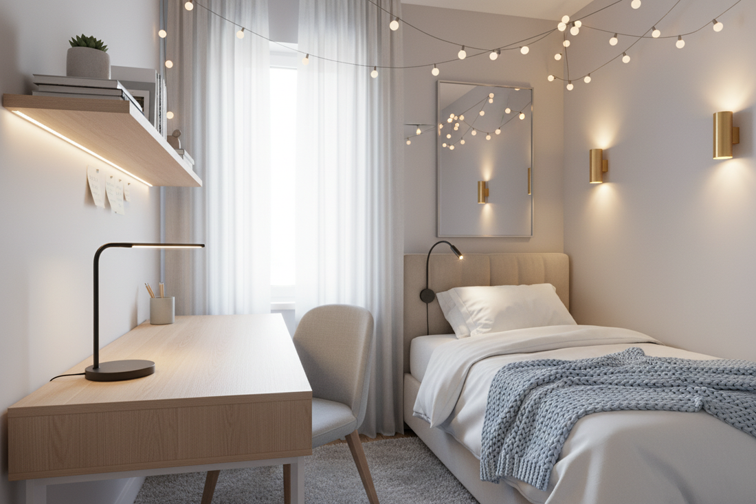 Cozy small space lighting ideas for bedrooms with string lights, desk lamp, and wall sconces for inspiration