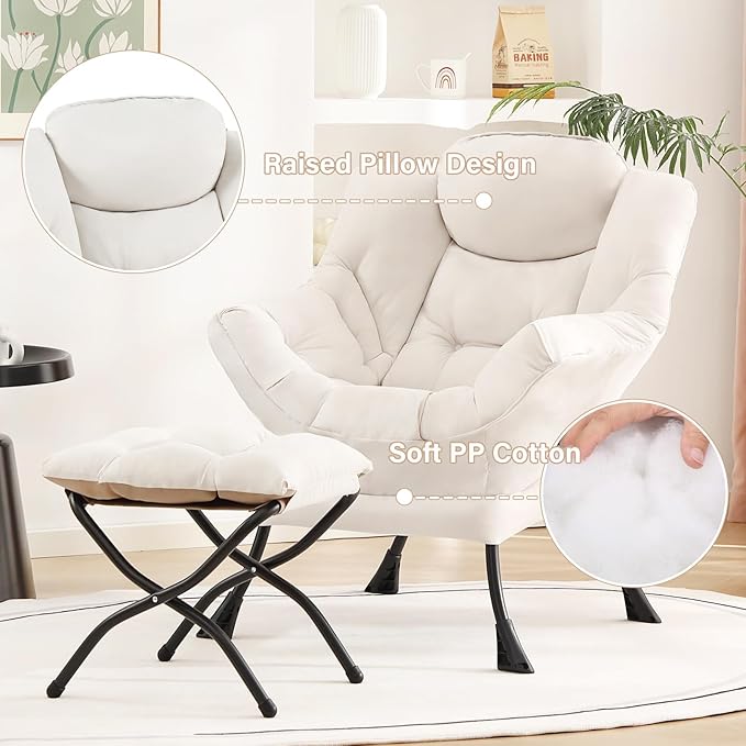 Tiita Lazy Chair with Ottoman, Modern Large Accent Lounge Armchair, Comfy Leisure Sofa Reading Chair with Footrest for Bedroom, Living Room, Dorm Rooms, Garden and Courtyard, Beige - Dormly