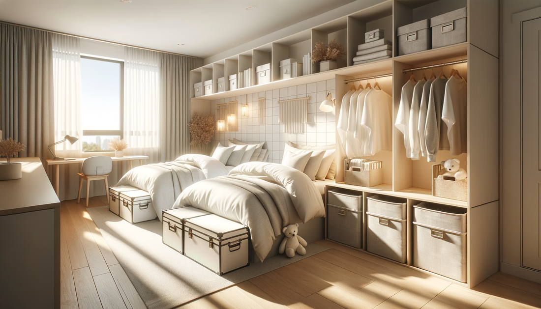 bright minimalist dorm room with cozy bedding, space-saving storage, and soft natural lighting