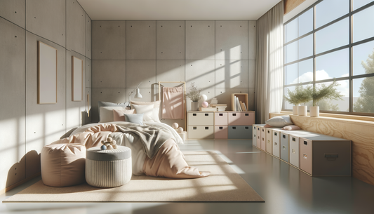 bright dorm room corner with soft bedding, storage trunks, and minimalist decor