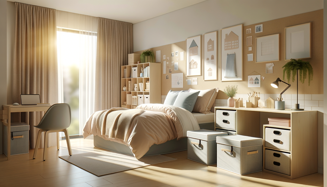 sunlit minimalist dorm room with cozy bedding, organized storage, and calming blue accents