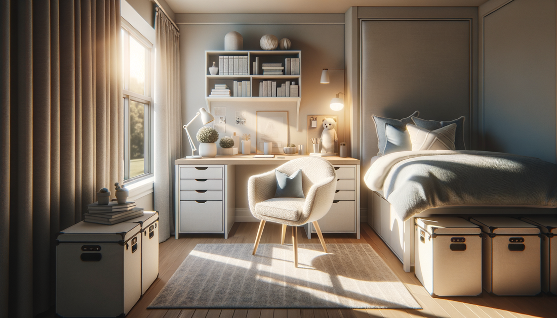 bright minimalist dorm room with cozy chair, modern desk, and tidy storage trunks