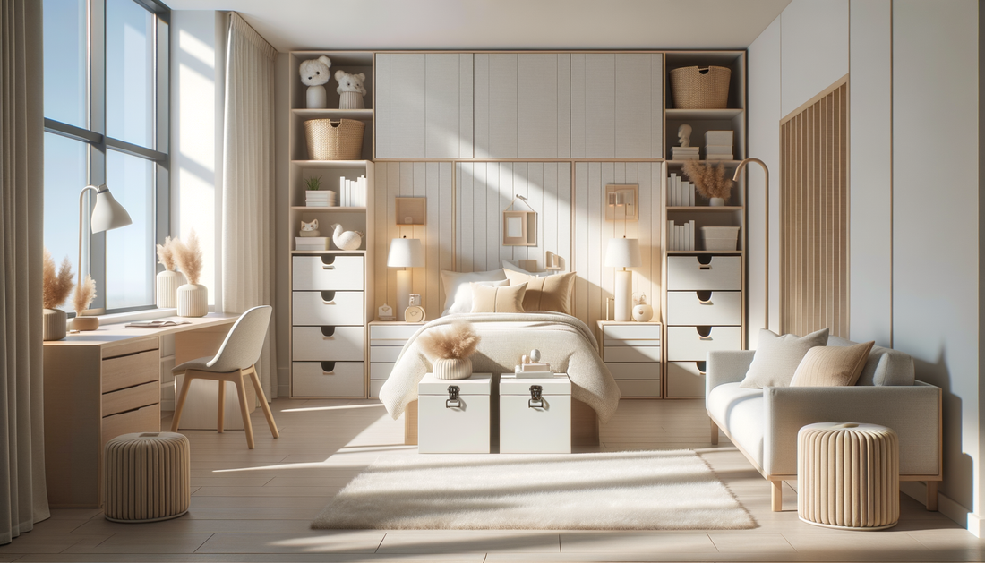 bright dorm room with minimalist bedding, storage trunks, accent chair, and modern decor