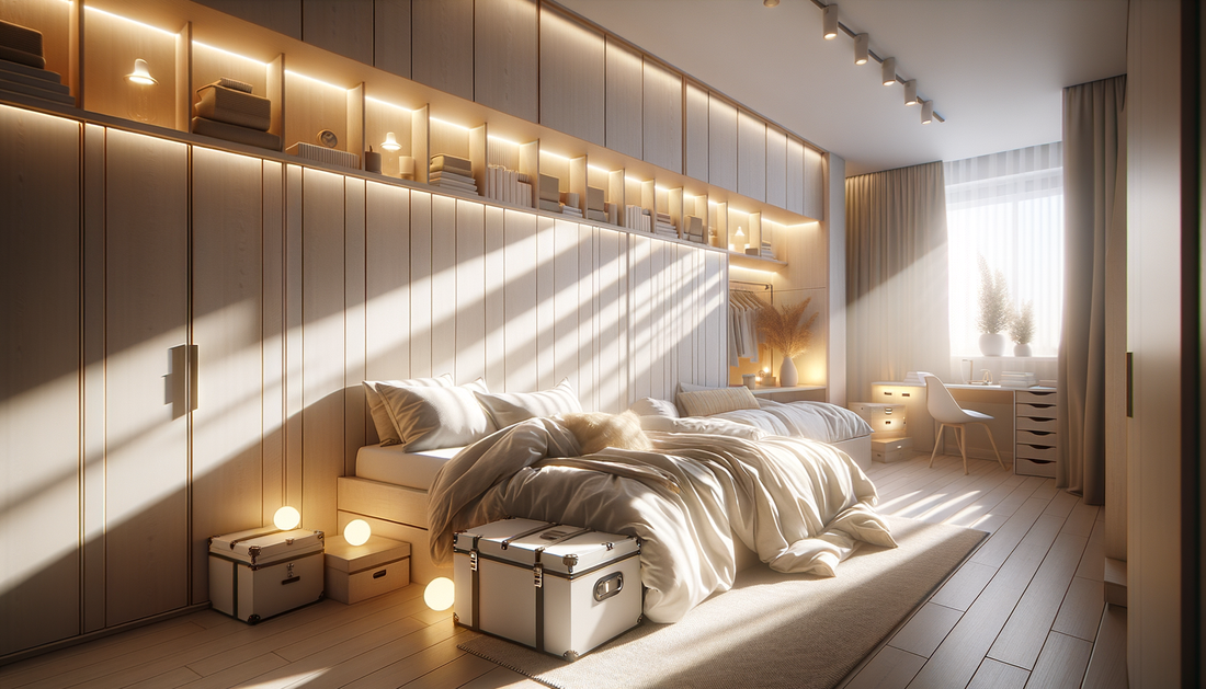 bright minimalist dorm room with soft bedding, storage trunks, and warm ambient lighting