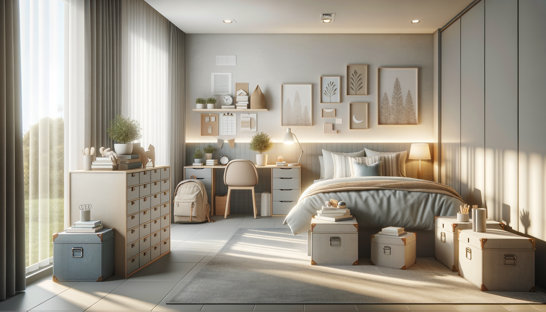 sunny minimalist dorm room with cozy bedding, storage trunks, and soft accent lighting
