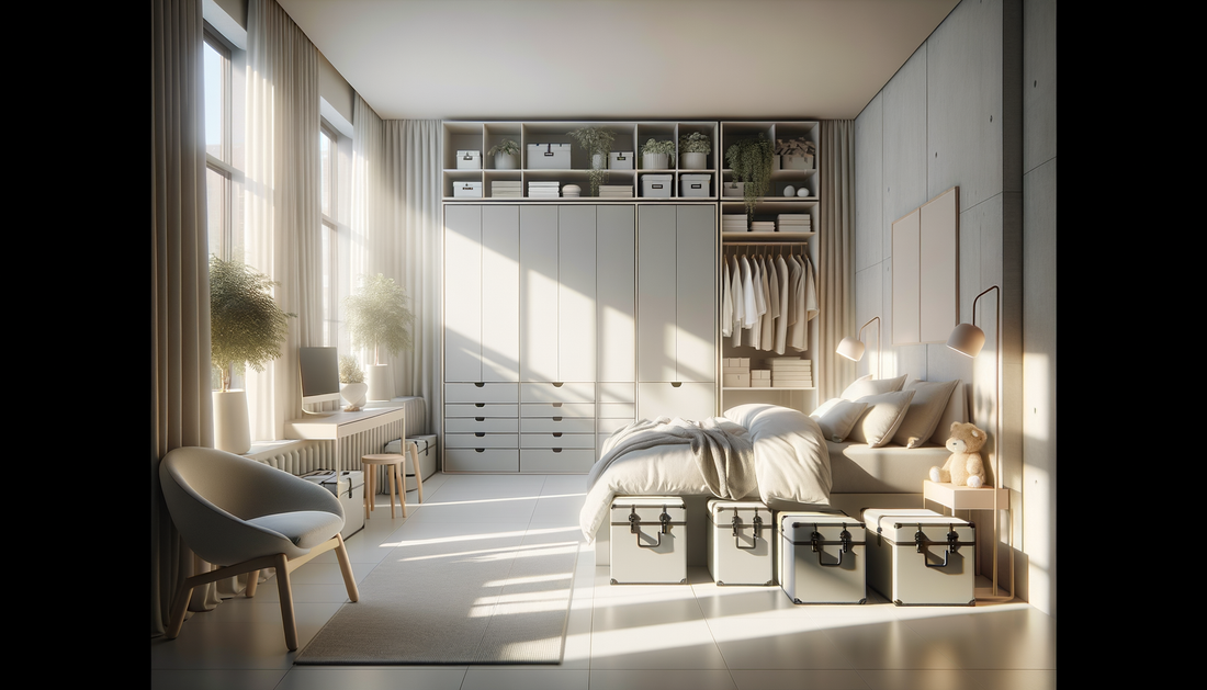 bright minimalist dorm room with cozy bedding, storage trunks, and a modern accent chair