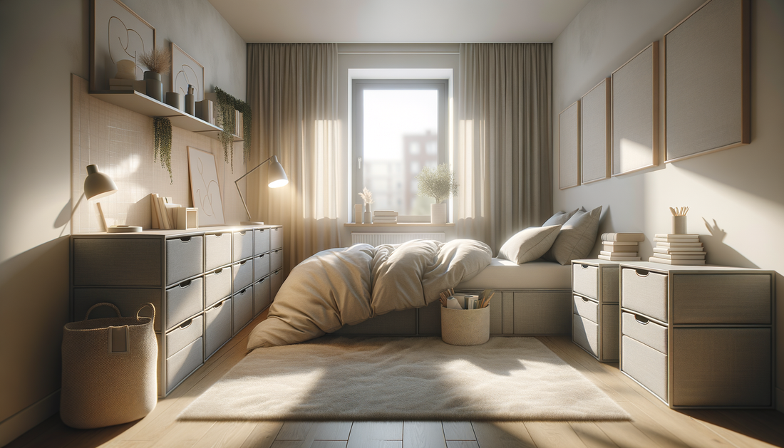 bright minimalist dorm room with soft bedding, storage trunks, and natural light