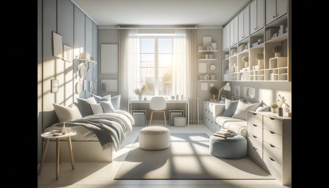 bright minimalist dorm room with cozy bedding, smart storage, and soft natural lighting