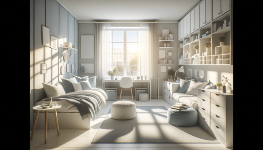 bright minimalist dorm room with cozy bedding, smart storage, and soft natural lighting