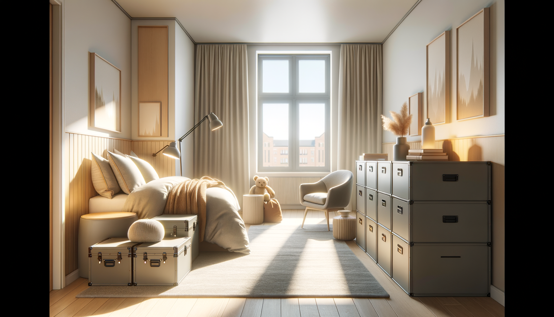bright dorm room with soft bedding, storage trunks, and a modern accent chair