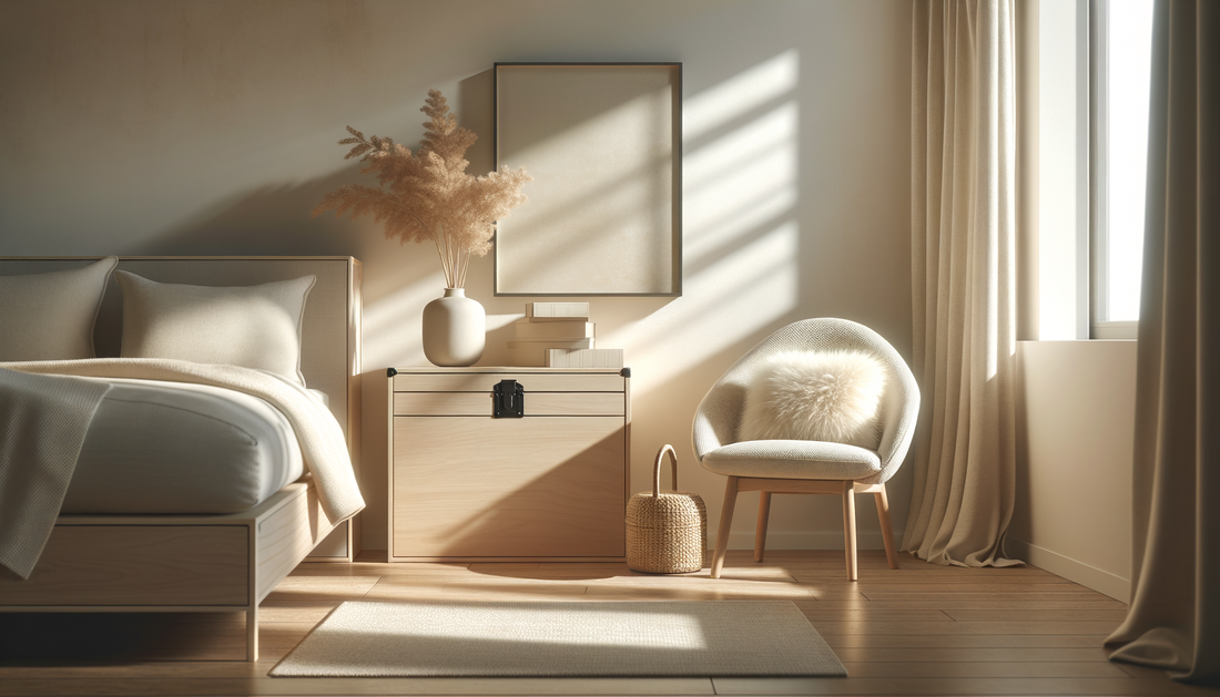 modern dorm room with cozy chair, storage trunk, and minimalist decor in soft sunlight