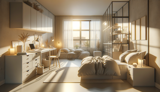 bright minimalist dorm room with cozy bedding, smart storage, and soft natural light